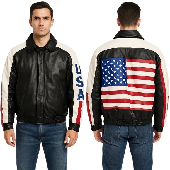 Oscar Piel Other - OSCAR PIEL Leather USA Flag Jacket Mens Large Black Red White Blue Stars Stripes